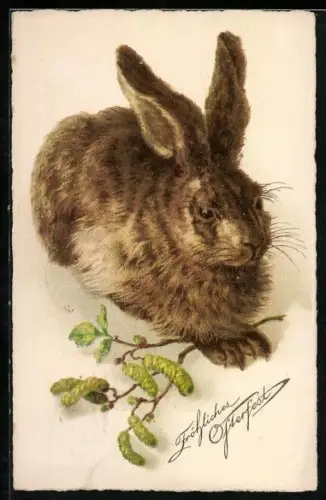 Künstler-AK Osterhase sitzt auf dem Boden, Fröhliches Osterfest