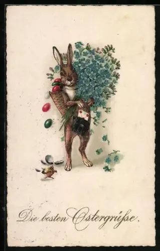 Künstler-AK Osterhase mit einem grossen Blumenstrauss und Ostereiern