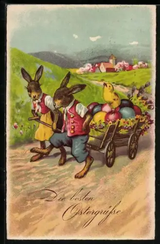 Künstler-AK Zwei Osterhasen ziehen einen Karren mit Ostereiern und einem Osterküken