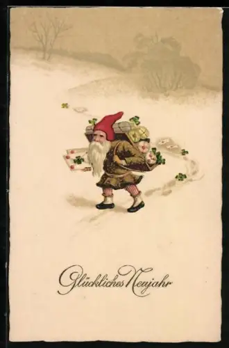 Künstler-AK Zwerg stapft mit Geschenken durch den Schnee, Neujahr