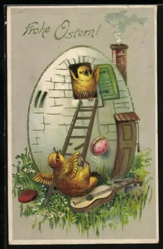 Künstler-AK Osterküken fällt von der Leiter an einem Haus