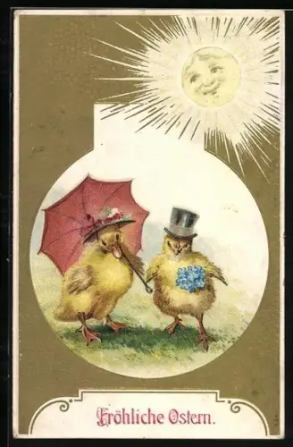 Künstler-AK Osterküken Zylinder und Blumen spaziert mit Entenküken mit Schirm, Fröhliche Ostern