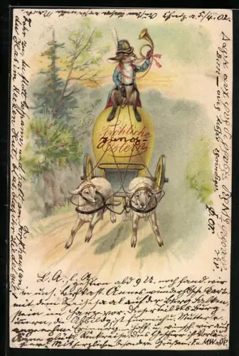 Lithographie Osterhase als Postkutscher mit Schafen