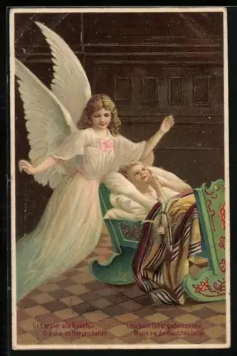 Präge-AK Gott segnet alle Kindelein..., Betendes Kind und Schutzengel