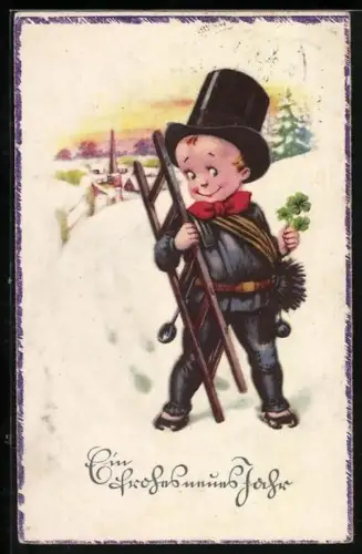 Künstler-AK Kleiner Schornsteinfeger mit Klee im Schnee