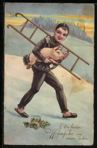 Künstler-AK Schornsteinfeger trägt ein Glücksschwein unterm Arm