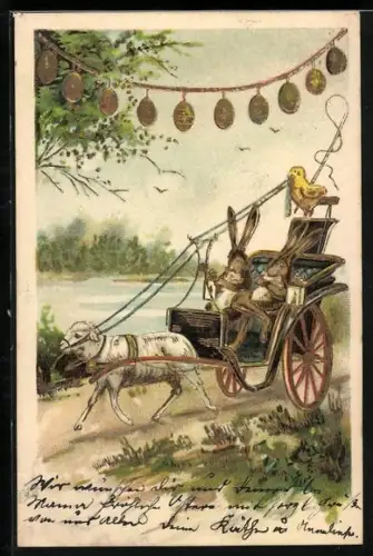 Lithographie Kutschpartie eines Osterhasenpaares, gezogen und gelenkt von Osterlamm und Osterküken