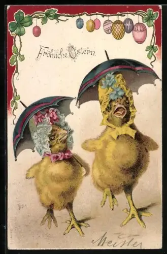 Lithographie Zwei Osterküken mit Schirmen und Hauben