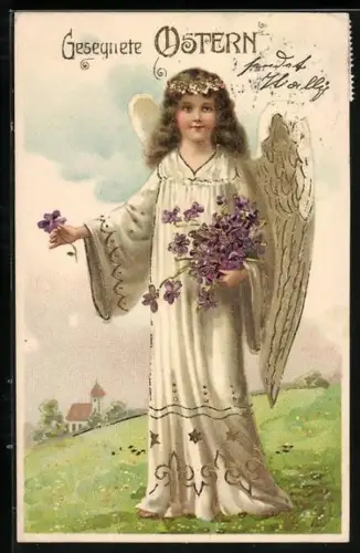 Künstler-AK Osterengel mit Veilchen in den Händen