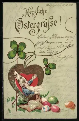 Lithographie Zwerg in einem Herz mit Klee und Ostereiern, Herzliche Ostergrüsse
