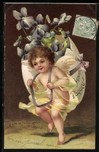 Präge-AK Osterengel mit Veilchen zum Feste