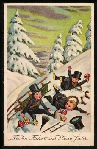 Künstler-AK Drei kleine Schornsteinfeger sind vom Schlitten gefallen, Neujahr