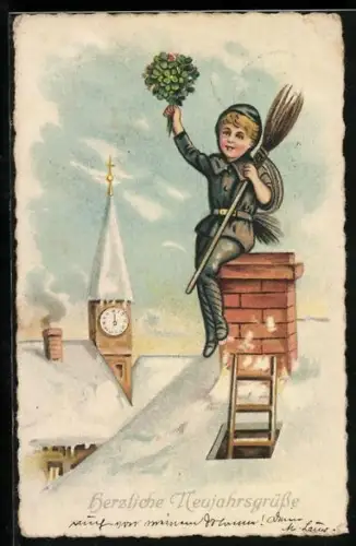 Künstler-AK Neujahrsgruss, Schornsteinfeger auf einem verschneiten Dach