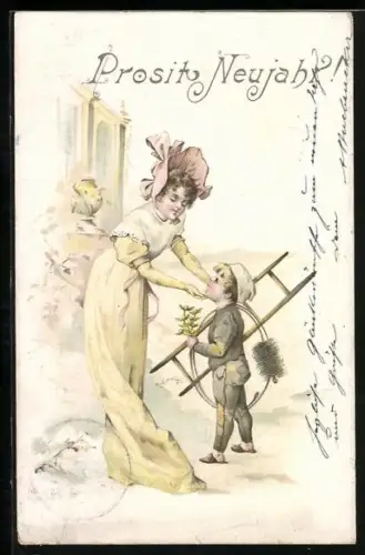 Lithographie Junge Frau mit kleinem Schornsteinfeger