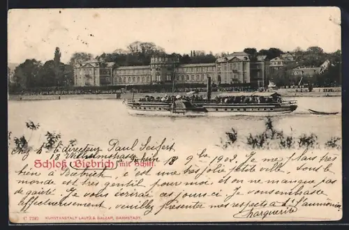 AK Biebrich / Rhein, Schloss Biebrich mit Raddampfer
