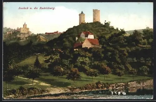 AK Saaleck / Saale, Ortsansicht mit Rudelsburg aus der Vogelschau