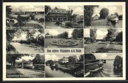 AK Mülheim / Ruhr, Stadthalle mit Schlossbrücke, Wasserbahnhof, Ruhanlagen, Blumenuhr
