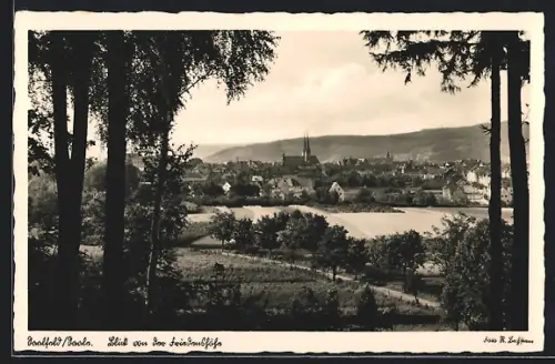 AK Saalfeld / Saale, Ortsansicht aus der Vogelschau, Blick zur Kirche
