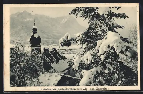 AK Partenkirchen, Kirche mit Alp- u. Zugspitze im Winter
