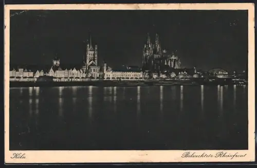 AK Köln, Beleuchtete Rheinfront bei Nacht