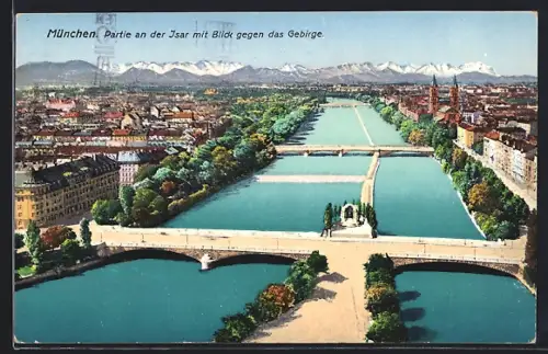 AK München, Partie an der Isar mit Blick gegen das Gebirge