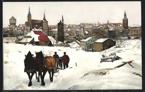 AK Elbing, Winteransicht mit Stadtmauer, Kirchtürmen und Pferdeschlitten