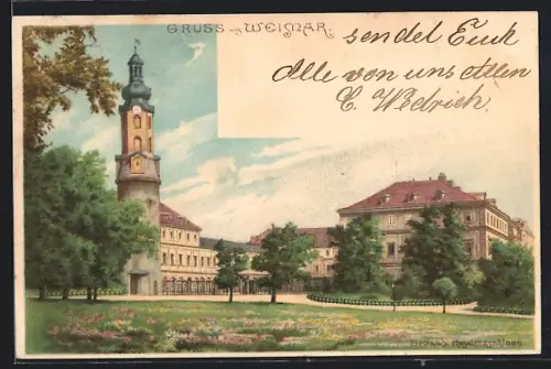 Lithographie Weimar / Thüringen, Schloss mit Turm und Park
