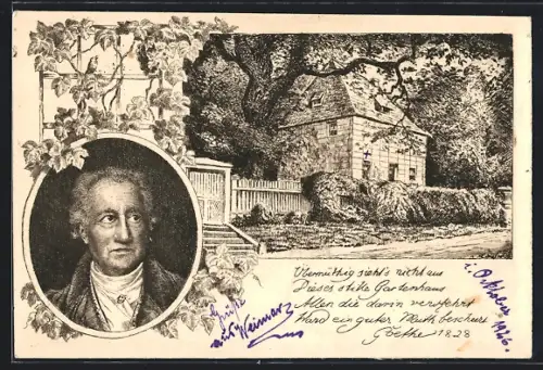 Künstler-AK Weimar / Thüringen, Goethes Gartenhaus, Porträt Goethe