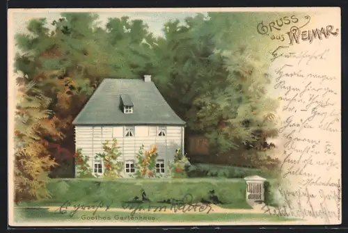 Lithographie Weimar / Thüringen, Goethes Gartenhaus