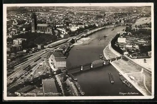 AK Magdeburg, Teilansicht mit Dom und Elbe, Fliegeraufnahme