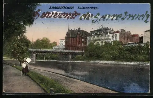 AK Saarbrücken, Luisenbrücke, Glitzernder Schriftzug