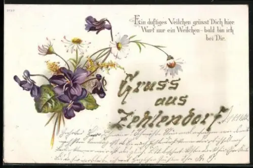 AK Zehlendorf, Veilchen und Gänseblümchen, Glitzernder Schriftzug