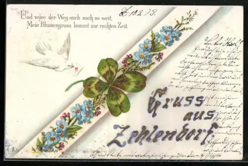 AK Zehlendorf, Brieftaube und Kleeblatt, Glitzernder Schriftzug