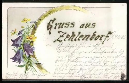 AK Zehlendorf, Glockenblumen mit glitzerndem Schriftzug