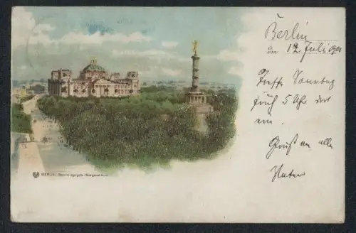 Lithographie Berlin-Tiergarten, Reichstagsgebäude und Siegessäule