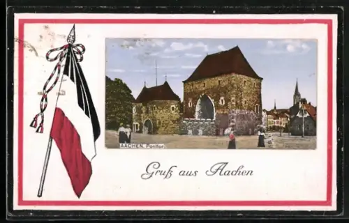 AK Aachen, Ponttor, Passepartout mit Reichsfahne