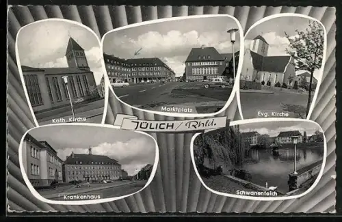 AK Jülich /Rhld., Kath. Kirche, Krankenhaus, Marktplatz