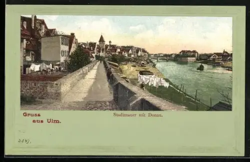 AK Ulm / Donau, Stadtmauer mit Donau