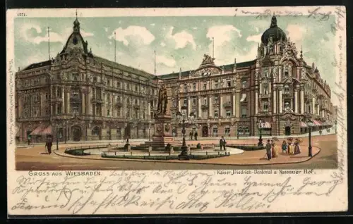 Lithographie Wiesbaden, Kaiser-Friedrich-Denkmal und Nassauer Hof