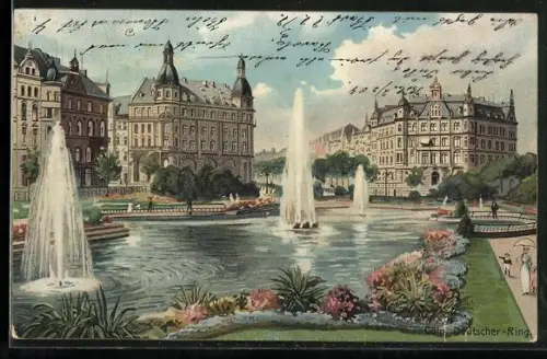 Künstler-AK Köln-Neustadt, Deutscher-Ring mit Fontäne