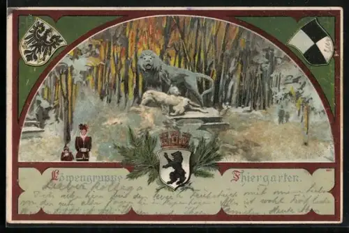Lithographie Berlin-Tiergarten, die Löwengruppe im Thiergarten im Schnee