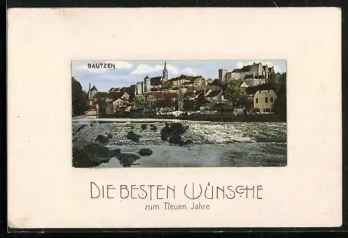 AK Bautzen, Partie am Fluss, Blick zum Schloss