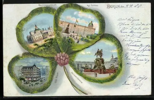 Lithographie Berlin, Blick auf Kgl. Schloss, National-Denkmal, Café Bauer, Reichstagsgebäude im Kleeblatt