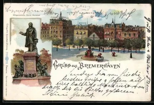 Künstler-AK Bremerhaven, Marktplatz und Bürgermeister Smidt-Denkmal