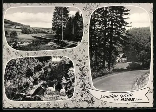 AK Korb /Ww., Ortsansicht aus der Vogelschau, Teich mit Schwänen