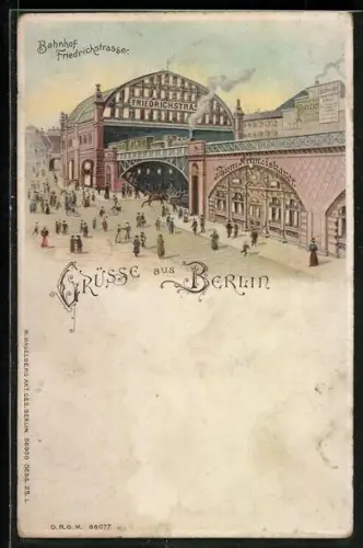 Lithographie Berlin, Bahnhof Friedrichstrasse: beleuchtete Fenster