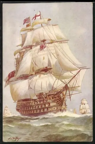 Künstler-AK Kriegsschiff HMS Victory unter vollen Segeln