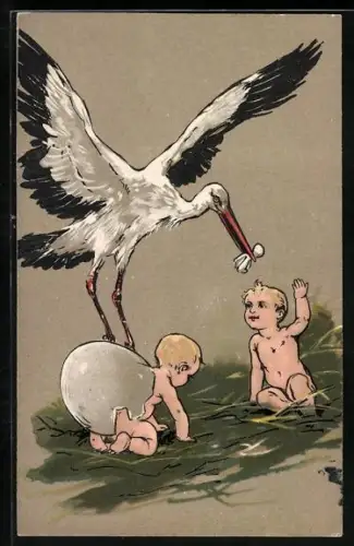 AK Baby schlüpft aus Ei, Storch
