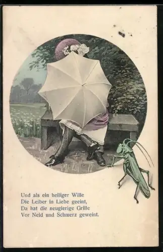 AK Und als ein heiliger Wille..., Grille beobachtet Liebespaar auf einer Bank