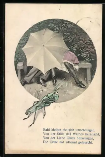 AK Bald hielten sie sich..., Grille beobachtet Liebespaar auf einer Bank